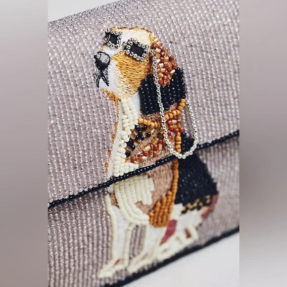 NWT new flaw Anthropologie Maeve Fiona beaded bag beagle dog gray embroidered - Picture 14 of 16